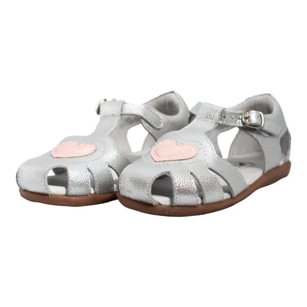 Two Pretty Handcrafted Silver Leather Sandals With Pink Heart